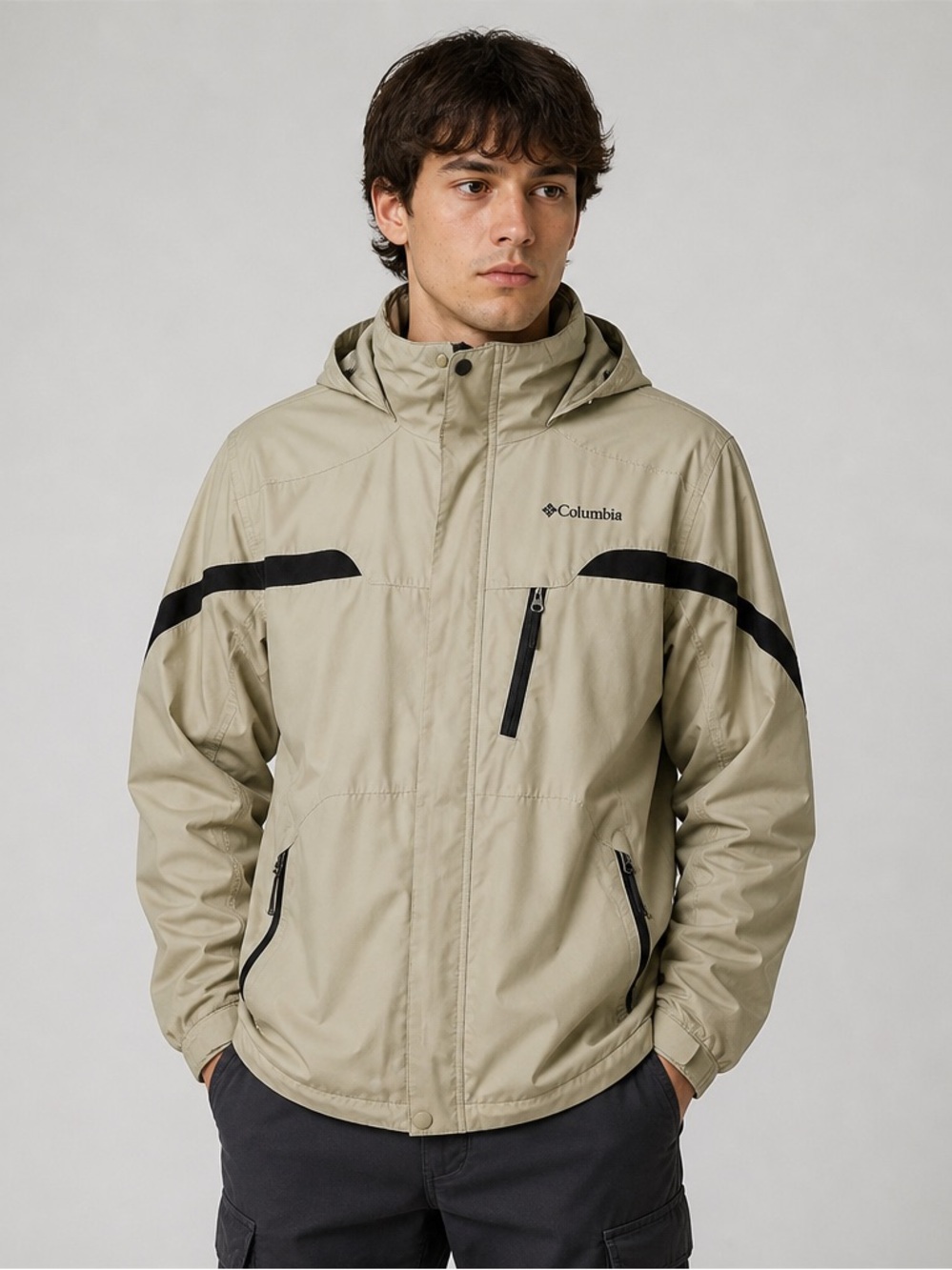 COLUMBIA Sportswear Jacket Mens Large Nylon Hooded Jacket Tan Brown L